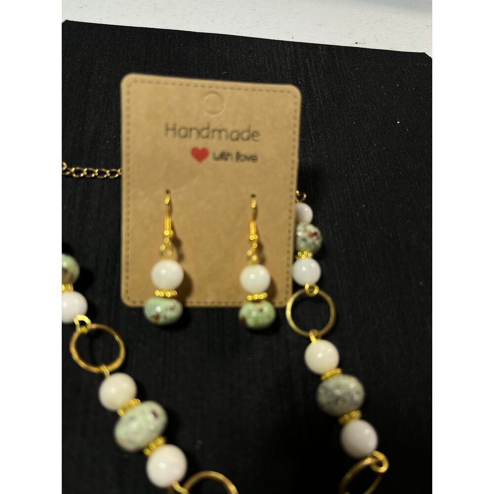 Nephrite Jade 1 1/2" cabochon ocean jasper beads gold wire pendant 20" earrings - Picture 5 of 5